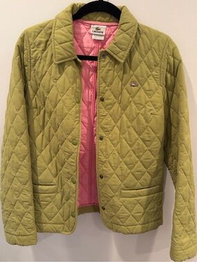 Lacoste Women’s Quilted Jacket in Olive Green with Pink Lining